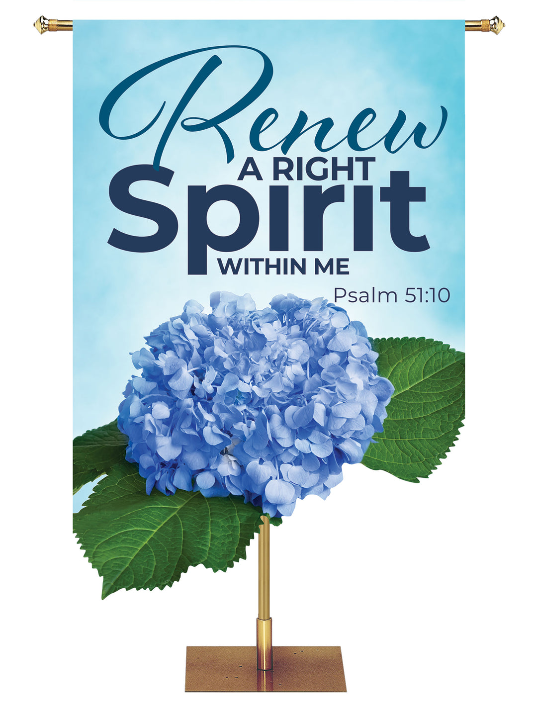 Contours Church Banner for Spring and Easter Renew a Right Spirit with sculpted Blue Hydrangea