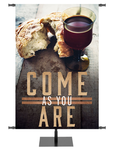 Church Banner for Communion Come As You Are with unadorned bread and wine