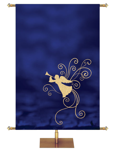 Custom Advent Foil Angel Banner-Right in Blue, Crimson, Spruce, White and Wood Violet