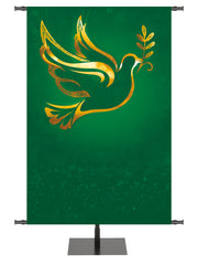 Wonders of Advent Custom Banner Background Dove with Olive Leaf Right in Blue, Green, Purple and Red, with gold foil accents