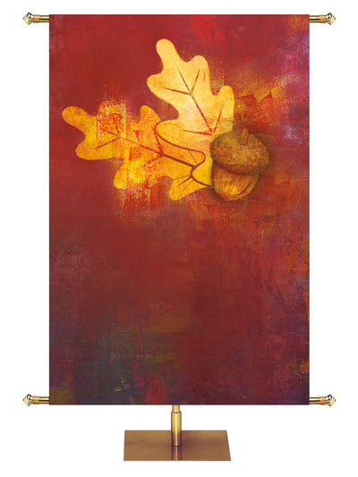 Custom Banner Background Brush Strokes of Autumn painted style left leaves and acorns on red 