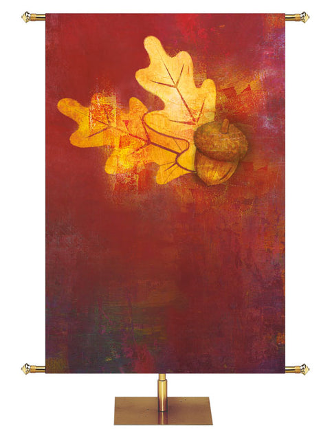 Custom Banner Background Brush Strokes of Autumn painted style left leaves and acorns on red 