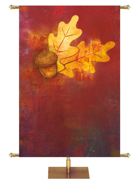 Custom Banner Background Brush Strokes of Autumn painted style right leaves and acorns on red 