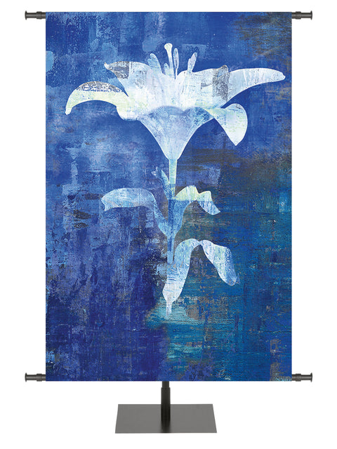 Custom Banner Background with original painted-style design of the Lily symbol in Multi-color, Red, Purple, Teal and Blue