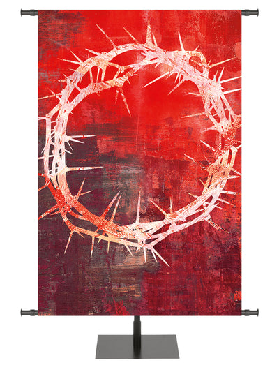 Custom Banner Background with original painted-style design of the Crown of Thorns symbol in Multi-color, Red, Purple, Teal and Blue