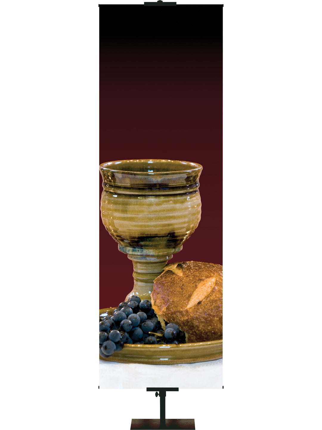 Custom Church Banner Background with a bunch of grapes draping over a plate holding a brown and cream wine chalice with broken bread (left) thin format