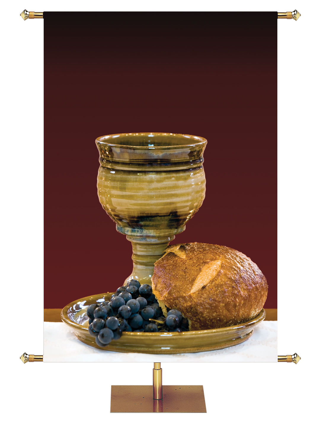 Custom Church Banner Background with a bunch of grapes draping over a plate holding a brown and cream wine chalice with broken bread (left) wide format