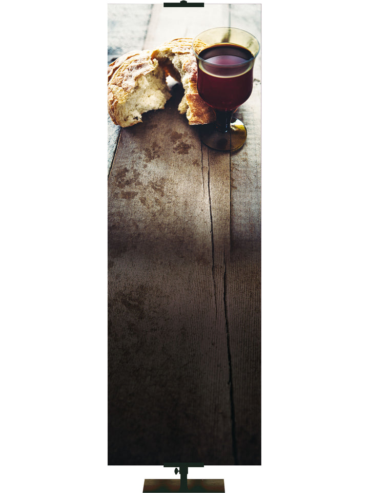 Custom Church Banner Background with unadorned bread and wine on rustic table (right) thin format