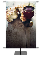 Custom Church Banner Background with unadorned bread and wine on rustic table (right) wide format