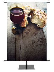 Custom Church Banner Background with unadorned bread and wine on rustic table (left) wide format