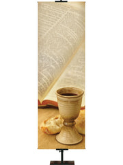 Custom Church Banner Background with pottery style wine chalice and broken bread and Holy Scriptures in the background (left) thin format