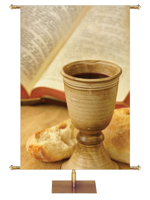 Custom Church Banner Background with pottery style wine chalice and broken bread and Holy Scriptures in the background (left) wide format