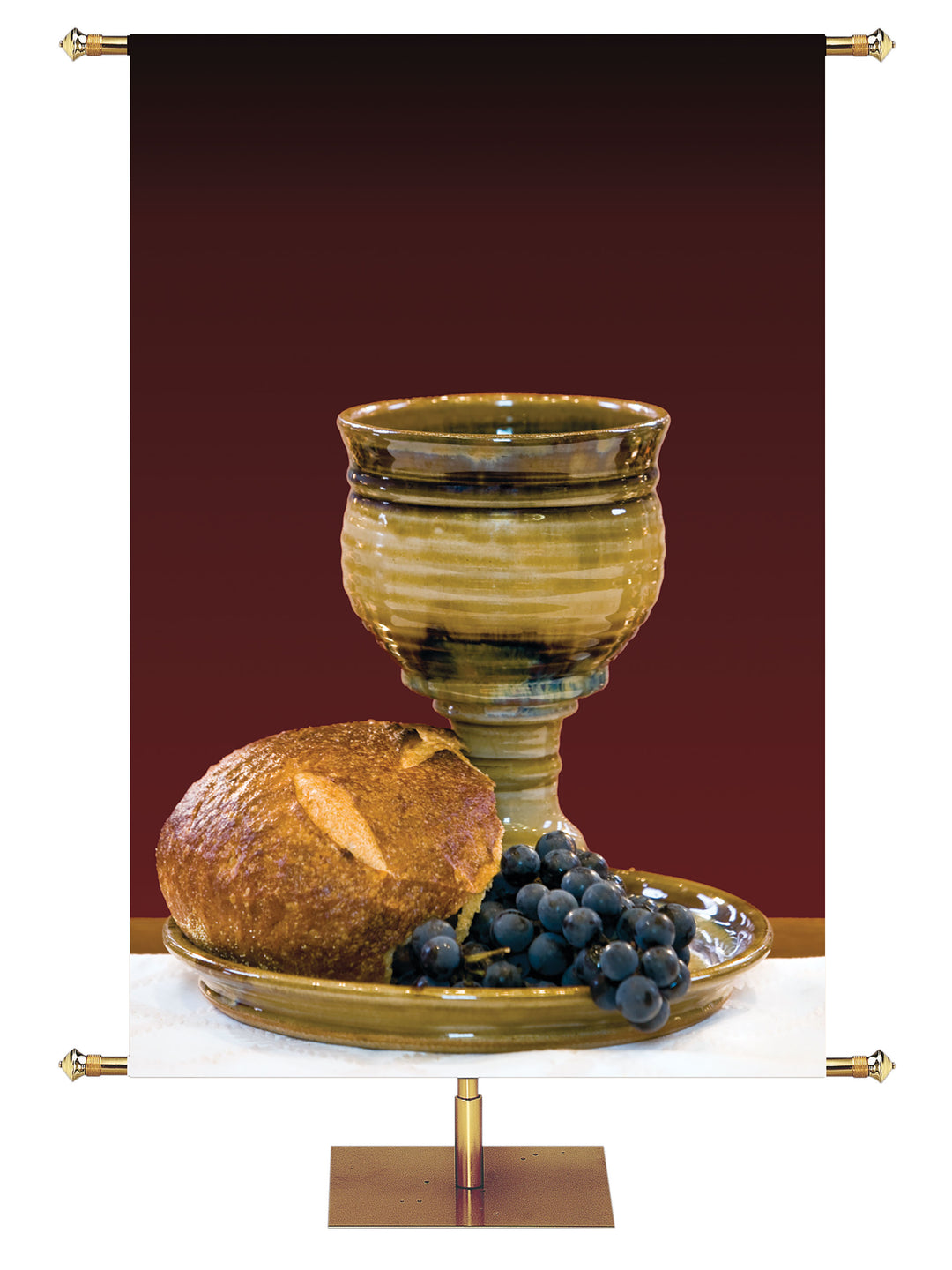 Custom Church Banner Background with a bunch of grapes draping over a plate holding a brown and cream wine chalice with broken bread (right) wide format
