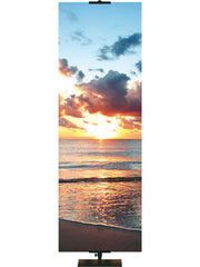 Custom Banner Background sandy beach with colorful sunrise over sparking ocean thin format