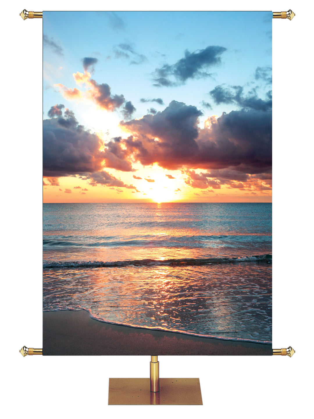 Custom Banner Background sandy beach with colorful sunrise over sparking ocean wide format