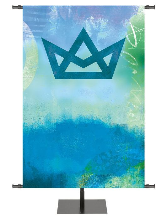 Custom Church Banner with geometric Crown Symbol on radiant watercolor impression background in Blue, Purple or Red