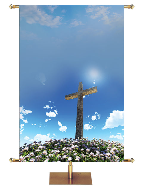 Custom Blue Sky Cross Flowers Contemporary Easter - Custom Easter Banners - PraiseBanners