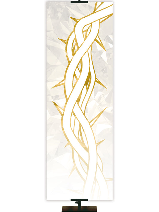 Custom Church Banner with gold stylized Crown of Thorns on White Left format