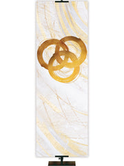 Custom Church Banner Background with Trinity Symbol (right) in gold and bronze on white in thin format