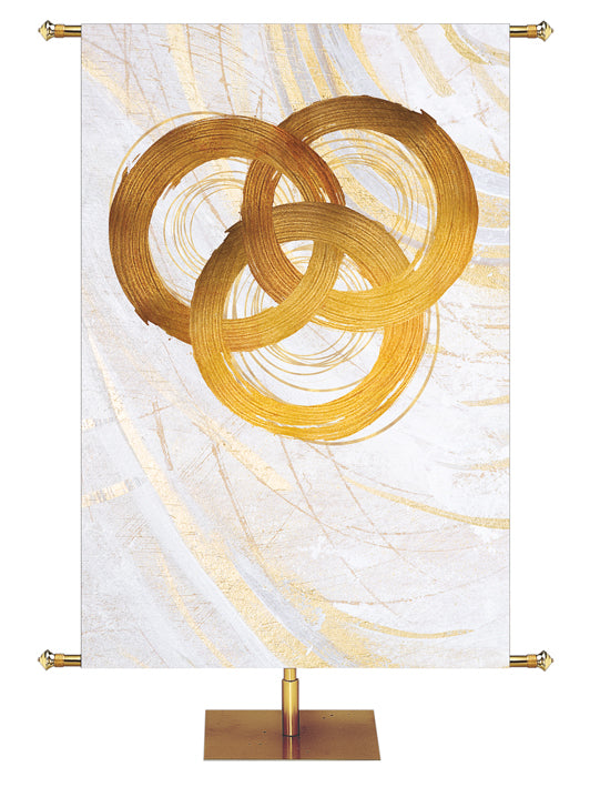Custom Church Banner Background Echoes of Easter with Trinity Symbol in golds and bronze on white in right side wide format
