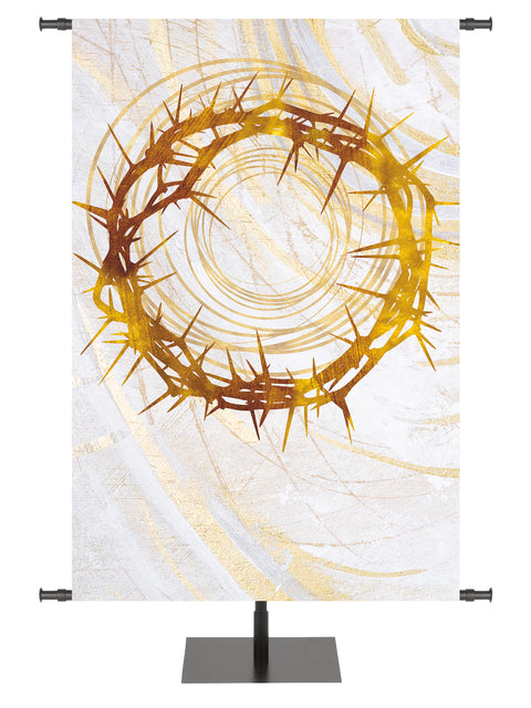 Custom Church Banner Background Echoes of Easter Crown of Thorns Symbol in golds and bronze on white in right side wide format