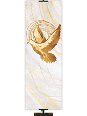 Custom Church Banner Background with Dove Symbol (right) in gold and bronze on white in thin format