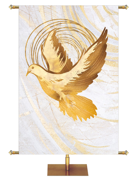 Custom Church Banner Background Echoes of Easter with Dove Symbol in golds and bronze on white in right side wide format