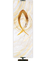 Custom Church Banner Background with Fish Symbol (left) in gold and bronze on white in thin format