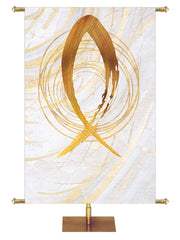 Custom Church Banner Background Echoes of Easter with Fish Symbol in golds and bronze on white in left side wide format
