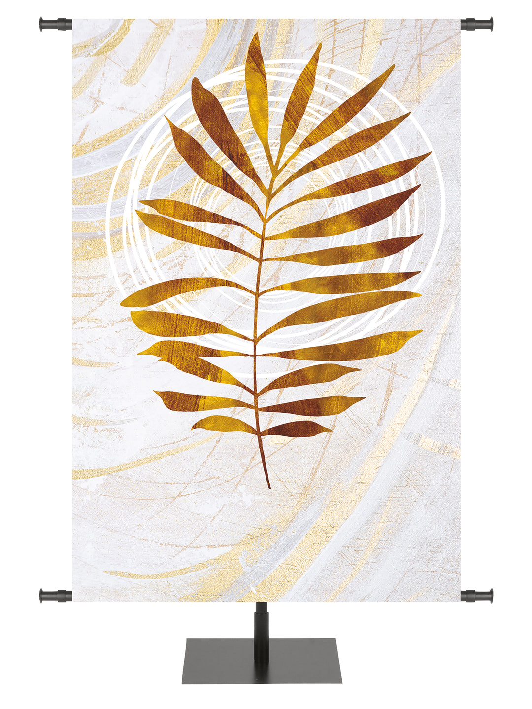 Custom Church Banner Background Echoes of Easter with Palm Leaf Symbol in golds and bronze on white in left side wide format