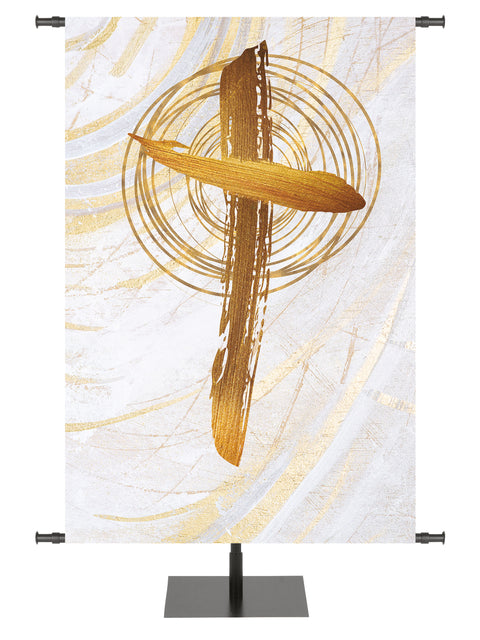 Custom Church Banner Background Echoes of Easter with Cross Symbol in golds and bronze on white in left side wide format