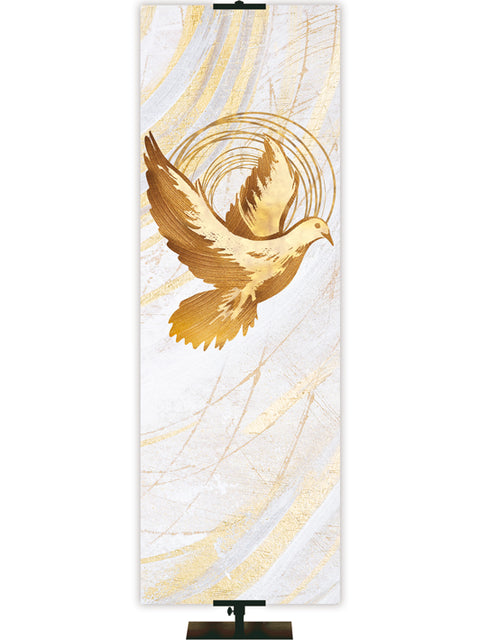 Custom Church Banner Background with Dove Symbol (left) in gold and bronze on white in thin format