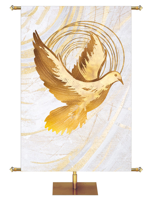 Custom Church Banner Background Echoes of Easter with Dove Symbol in golds and bronze on white in left side wide format