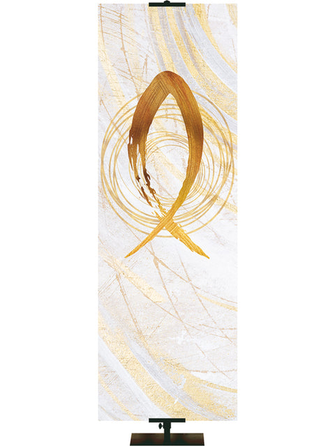 Custom Church Banner Background with Fish Symbol (right) in gold and bronze on white in thin format