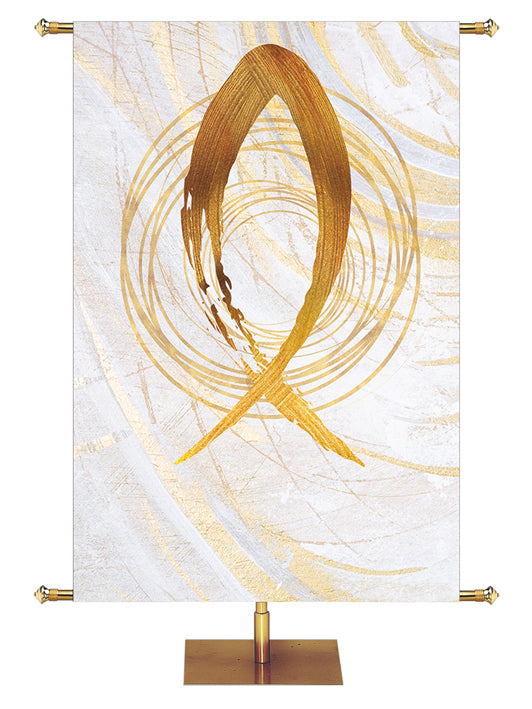 Custom Church Banner Background Echoes of Easter with Fish Symbol in golds and bronze on white in right side wide format