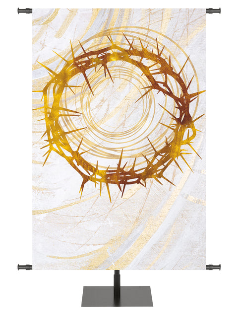 Custom Church Banner Background Echoes of Easter Crown of Thorns Symbol in golds and bronze on white in left side wide format