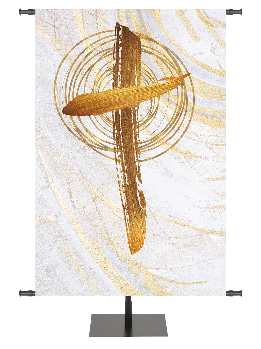 Custom Church Banner Background Echoes of Easter with Cross Symbol in golds and bronze on white in right side wide format