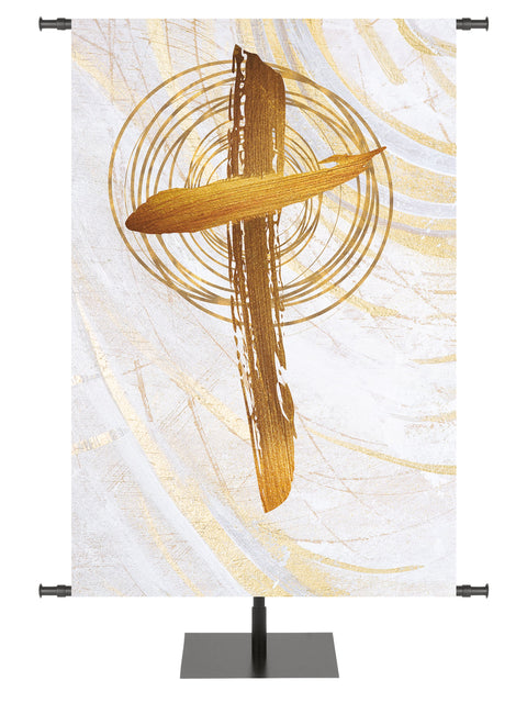 Custom Church Banner Background Echoes of Easter with Cross Symbol in golds and bronze on white in right side wide format