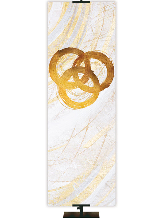 Custom Church Banner Background with Trinity Symbol (left) in gold and bronze on white in thin format