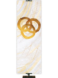 Custom Church Banner Background with Trinity Symbol (left) in gold and bronze on white in thin format