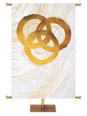 Custom Church Banner Background Echoes of Easter with Trinity Symbol in golds and bronze on white in left side wide format