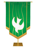 Custom Banner Experiencing God with white Descending Dove (left) embellished with hand-applied gold brocade and fringe on Green