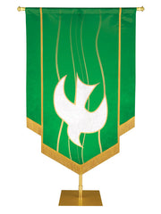 Custom Banner Experiencing God with white Descending Dove (left) embellished with hand-applied gold brocade and fringe on Green