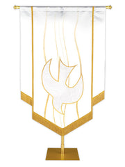 Custom Banner Experiencing God with white Descending Dove (left) embellished with hand-applied gold brocade and fringe on White