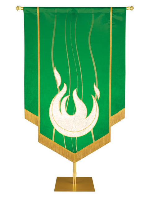 Custom Banner Experiencing God with white Flame (left) embellished with hand-applied gold brocade and fringe on Green
