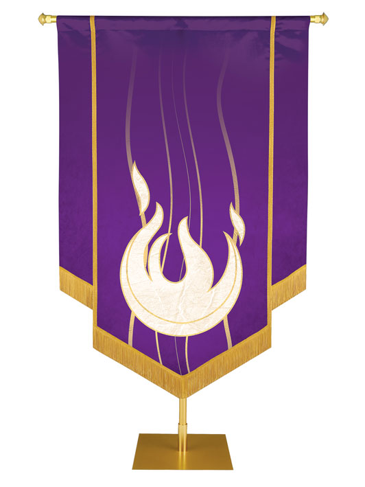 Custom Banner Experiencing God with white Flame (left) embellished with hand-applied gold brocade and fringe on Purple