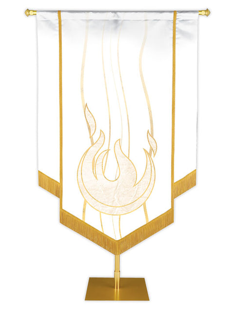Custom Banner Experiencing God with white Flame (left) embellished with hand-applied gold brocade and fringe on White
