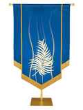 Custom Banner Experiencing God with white Palm (right) embellished with hand-applied gold brocade and fringe on Blue