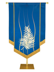 Custom Banner Experiencing God with white Palm (right) embellished with hand-applied gold brocade and fringe on Blue