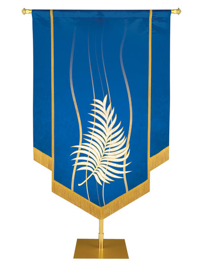 Custom Banner Experiencing God with white Palm (right) embellished with hand-applied gold brocade and fringe on Blue